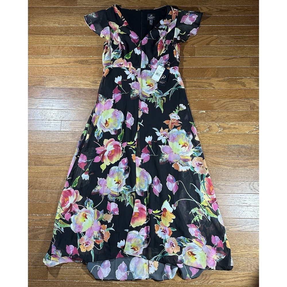 Adrianna Papell Women's Black Floral Jumpsuit Dress Size 8 Flutter Sleeve NWT